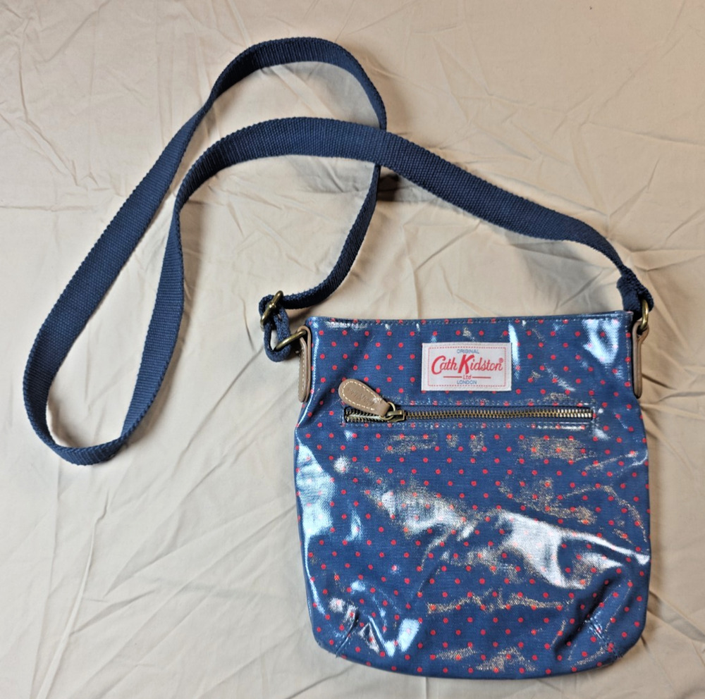 Cath Kidston Blue Messenger Crossbody Oilcloth Bag w/ Red Polka Dots - England